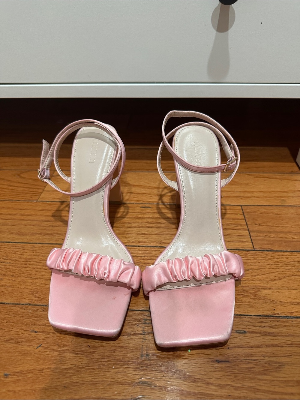 Forever 21 Pink Satin Ruched Strap Block Heel Sandals